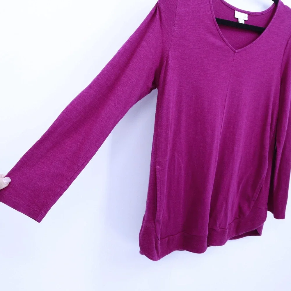 J Jill Cotton Blend V-Neck Long Sleeve Tunic Womens M Petite Pink Oversize Flowy